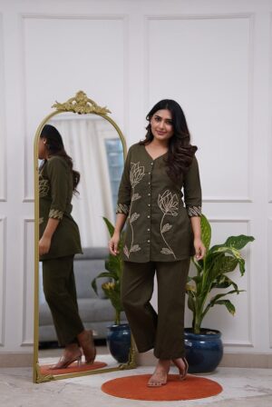 Front view of the olive green v-neck floral embroidered co-ord set for women, showing the matching top and trousers.