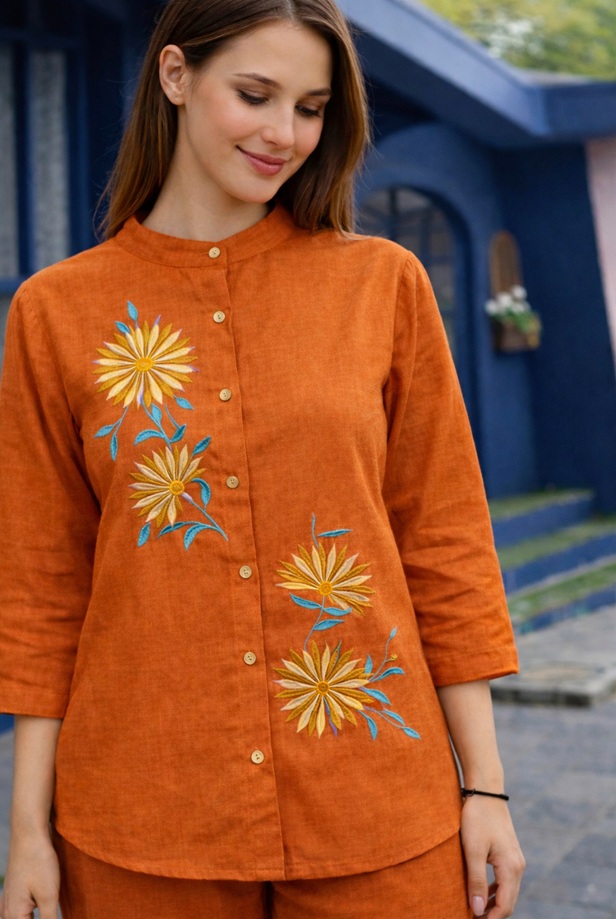 Close-up of the delicate embroidery on the textured rust linen fabric of the 2-piece co-ord set.