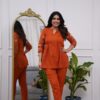 Front view of the rust pin-tuck mandarin collar tunic co-ord set for women, showing the matching top and trousers.