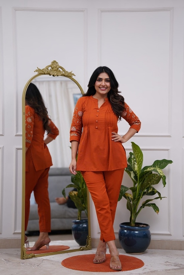Front view of the rust pin-tuck mandarin collar tunic co-ord set for women, showing the matching top and trousers.