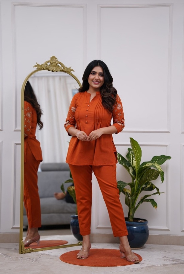 rust pin tuck mandarin tunic coord styled