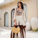 2-Piece Vanilla Cocoa Embroidered Palazzo Co-ord Set for Women | Mosaic