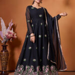 Midnight Bloom Floral Embroidered Anarkali Gown