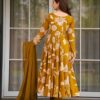 Rear view of a mustard yellow floral printed Anarkali showing a clean V-neck back and continuous print.