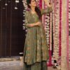 Full-length original product shot of an olive green floral Anarkali with matching striped palazzo pants and a floral dupatta.