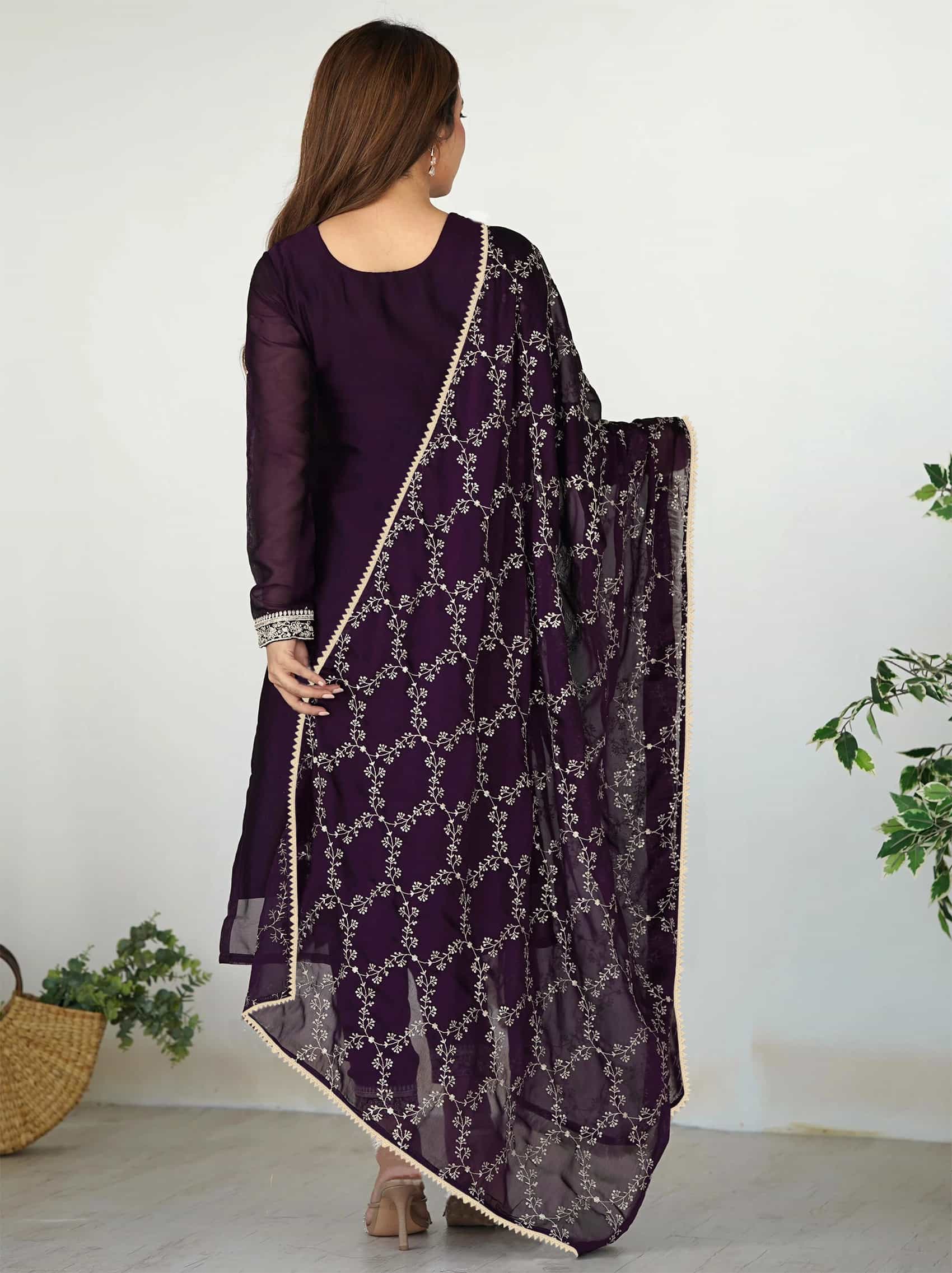 Rear view of a dark purple silk-blend kurta showing a smooth finish and tailored fit.