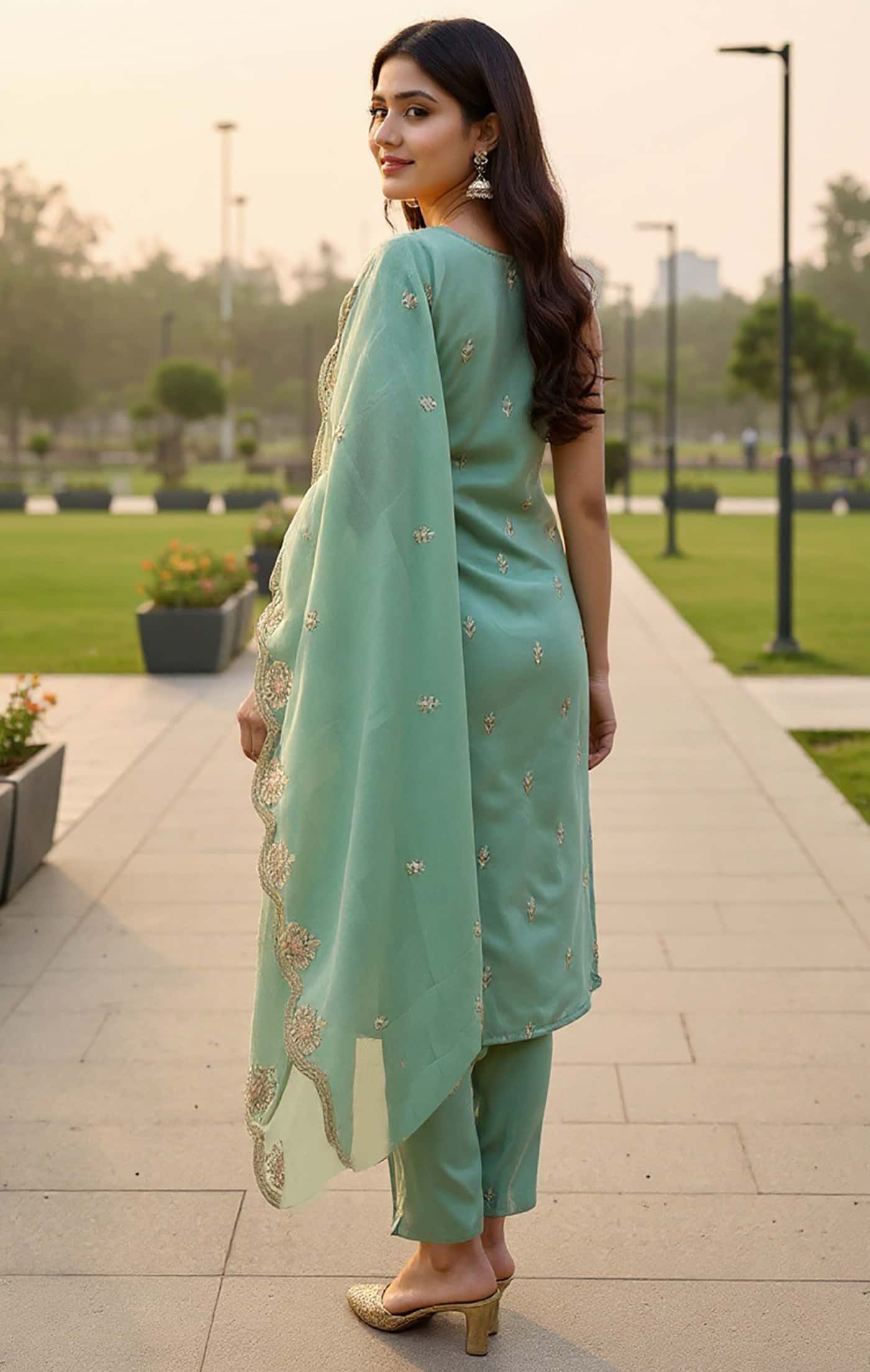 Rear view of a sleeveless mint green silk kurta showing a clean finish and high-quality fabric sheen.