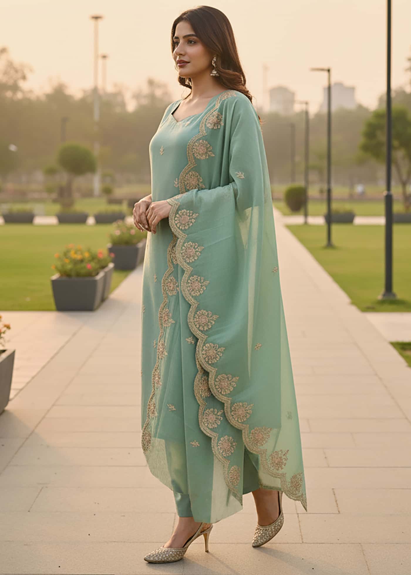 Side shot of an aqua silk suit highlighting the fluid drape of the trousers and scalloped organza dupatta.