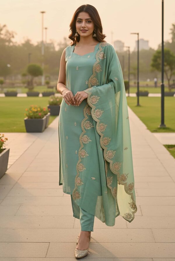 A woman wearing a sleeveless mint aqua silk-blend kurta with gold embroidery and a scalloped dupatta.