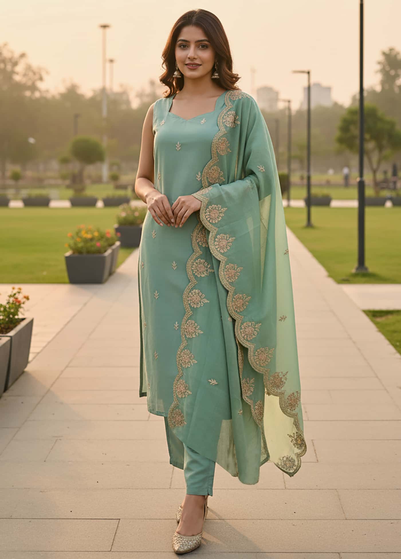 A woman wearing a sleeveless mint aqua silk-blend kurta with gold embroidery and a scalloped dupatta.