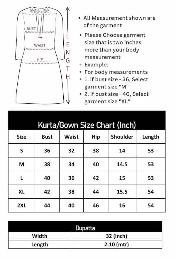 SIZE CHART of Regal Wine Georgette Anarkali Set with Scalloped Embroidered Dupatta