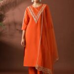 Pumpkin Orange Embroidered Silk Kurta Set