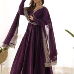 Regal Wine Georgette Anarkali Set with Scalloped Embroidered Dupatta